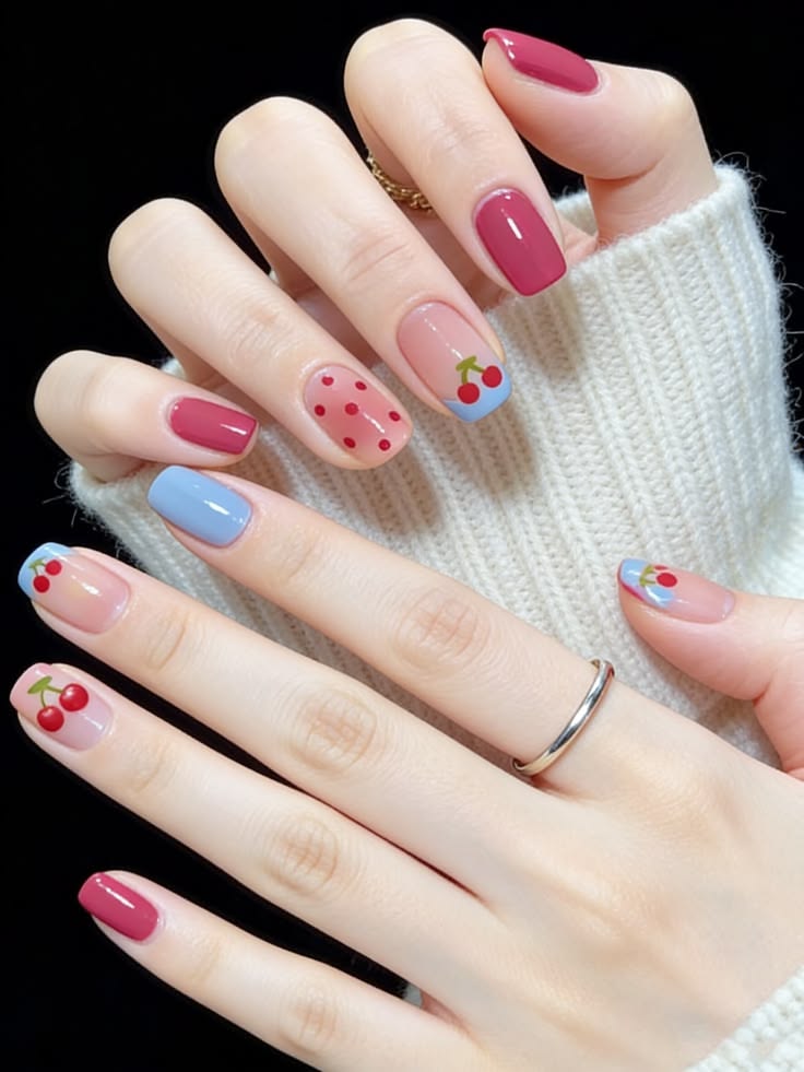 Các mẫu nail đơn giản mà đẹp phối hồng mận, xanh baby và nude, điểm xuyết họa tiết trái cherry đỏ mọng và chấm bi dễ thương.