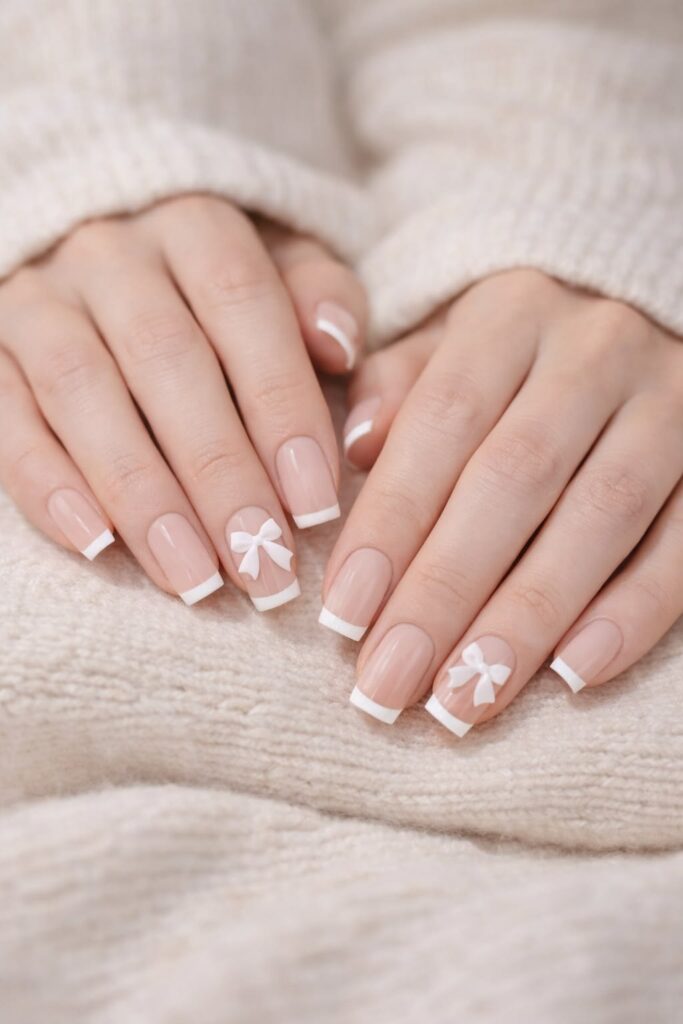 Những mẫu nail màu trắng đẹp kiểu French viền trắng trên nền nude, điểm nơ trắng nổi 3D nữ tính, nhẹ nhàng và sang trọng.