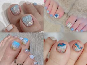 Tổng hợp các mẫu nail chân đi biển đẹp với nhiều tone màu tươi mát và họa tiết biển cả cho nàng lựa chọn cho mùa hè.