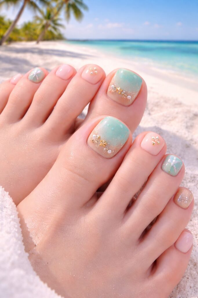 12 mẫu nail chân đi biển đẹp xinh, trend hot nhất hè này 2 Mẫu nail chân đi biển họa tiết hoa nhiệt đới rực rỡ, gam màu tươi tắn đậm chất tropical, giúp nàng nổi bật giữa khung cảnh biển xanh cát trắng.