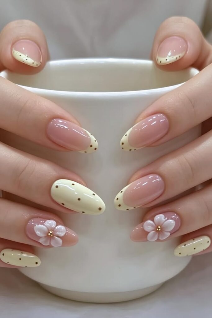 Mẫu nail đẹp tông vàng bơ nhạt dịu mắt, phối họa tiết chấm bi nâu và hoa trắng 3D nổi, dễ thương ngọt ngào, khép lại bộ sưu tập nail đẹp 2026.