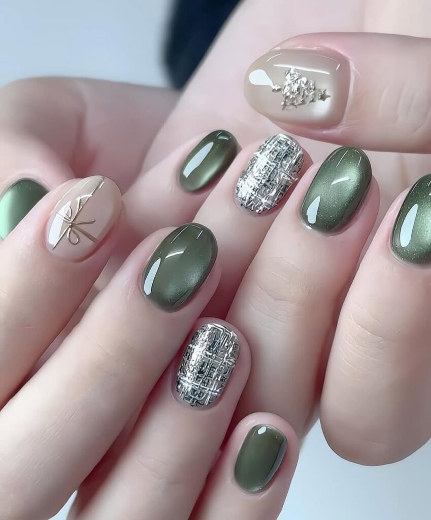 Mẫu nail mắt mèo 2026 tông xanh olive ánh kim hiện đại, phối cùng móng nhũ bạc kẻ sọc và họa tiết nơ vẽ tay tinh xảo, xu hướng nổi bật.
