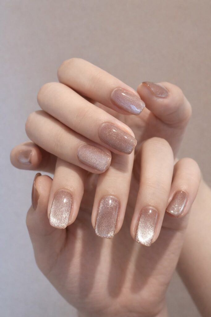 Mẫu nail mắt mèo cao cấp tông nude ánh nhũ vàng hồng lấp lánh, hiệu ứng ombre nhẹ nhàng từ gốc đến đầu móng, sang trọng và tinh tế.