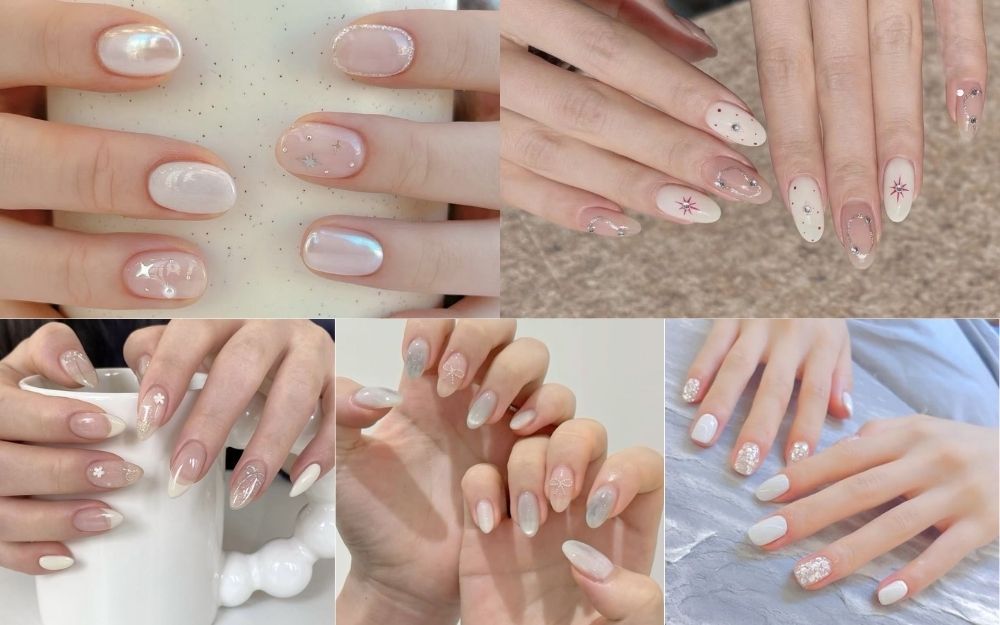 Bộ sưu tập những mẫu nail màu trắng đẹp đa dạng: tráng gương ánh xà cừ, French, gắn nơ, đính đá và họa tiết ngôi sao, sang trọng và dễ ứng dụng.