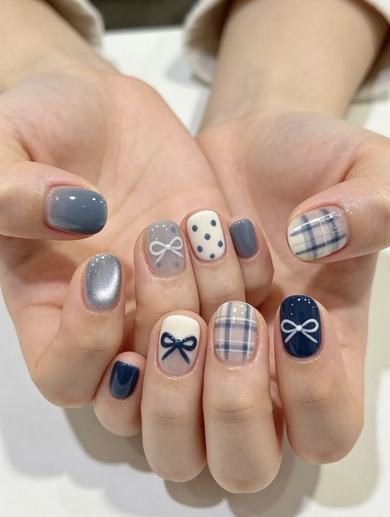 Mẫu nail xanh dương mix nhiều họa tiết mắt mèo, caro, nơ và chấm bi, phù hợp cho những cô nàng ưa sự dễ thương, đáng yêu.