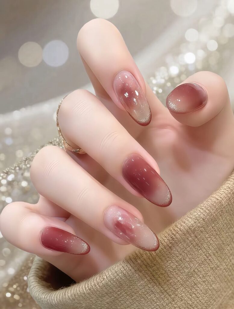 Những mẫu nail đẹp cho móng dài sang chảnh, hot nhất 2026 6 Mẫu nail móng dài đẹp dáng almond ombre đỏ đô chuyển sắc kèm nhũ lấp lánh, ấm áp quyến rũ và rất hợp dịp lễ Tết.