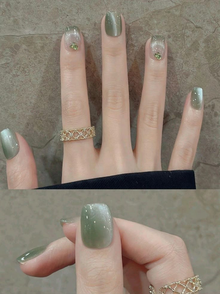 Mẫu nail móng ngắn màu xanh rêu mắt mèo đơn giản.