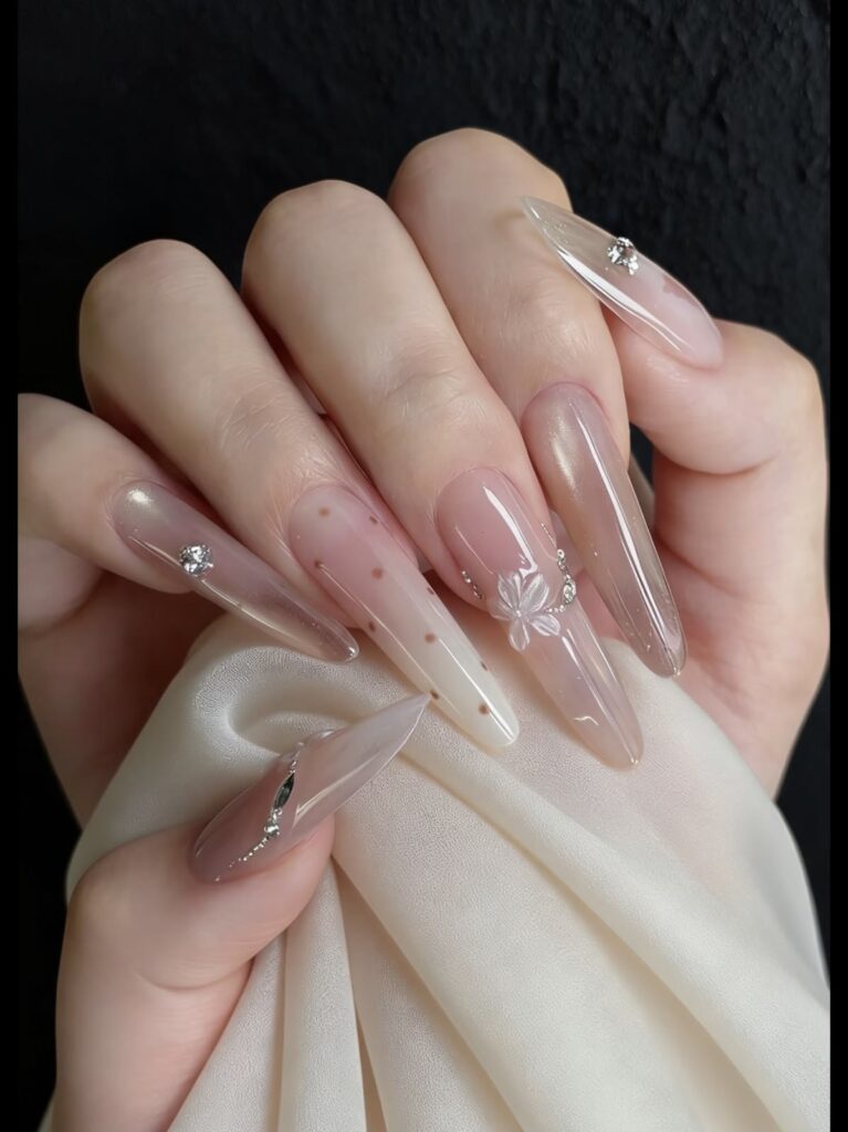 Những mẫu nail đẹp cho móng dài sang chảnh, hot nhất 2026 15 Mẫu nail móng nhọn dài tông trắng sữa ánh ngọc trai, đính hoa trắng 3D, đá bạc và chấm bi nâu, cầu kỳ và sang trọng.
