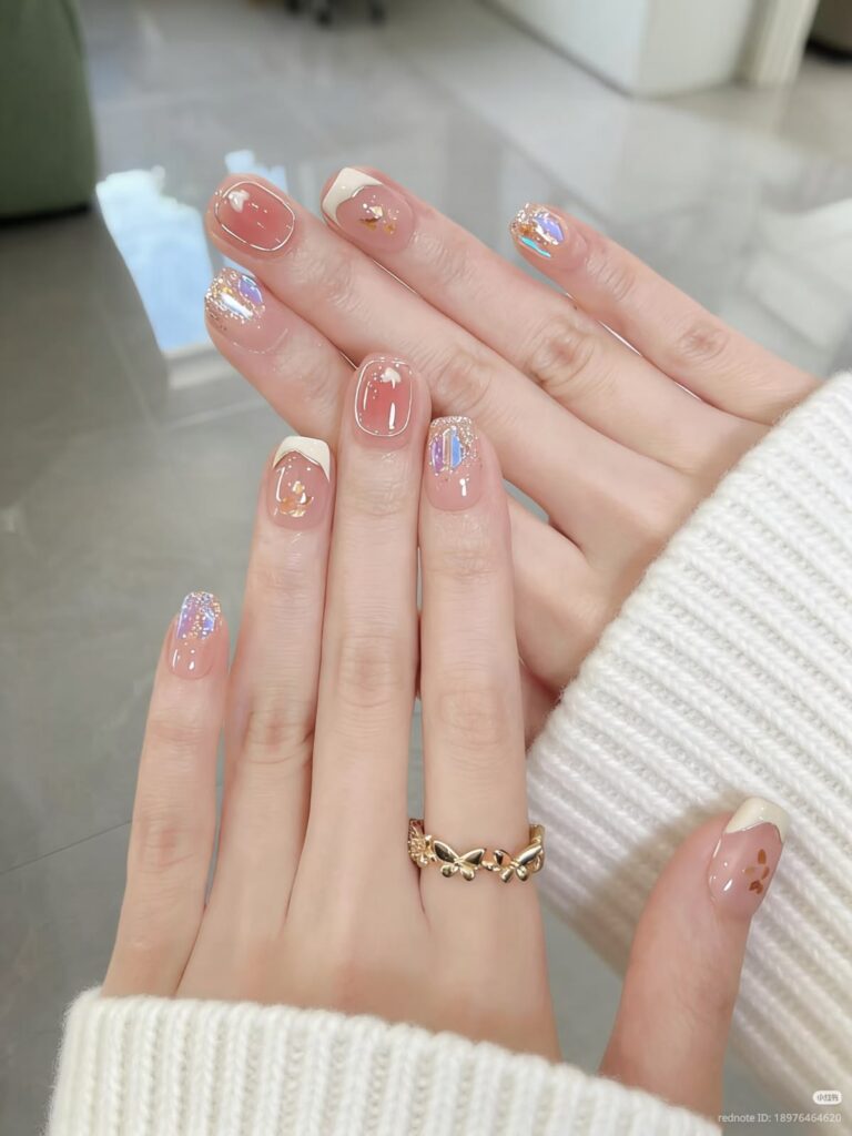Mẫu nail sơn thạch đẹp màu nude trong veo, điểm charm ngôi sao nhũ xanh và đá nhỏ, thanh lịch nổi bật.