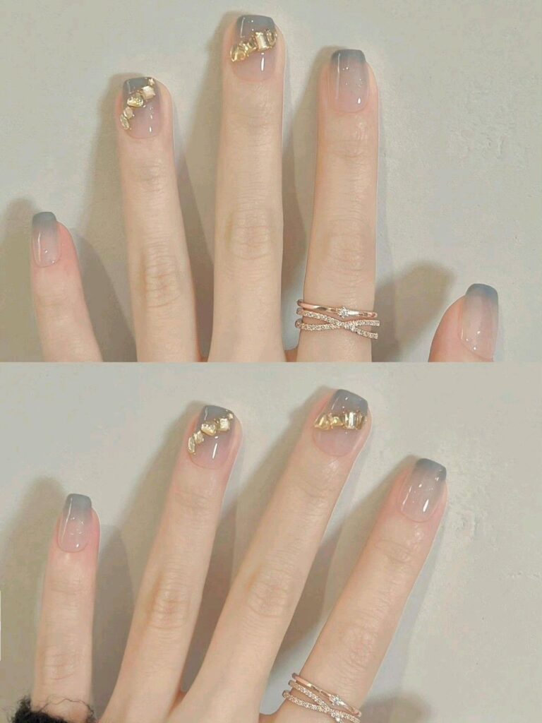 Mẫu nail sơn thạch đính đá nghệ thuật, phối màu xám xanh sang chảnh, trẻ trung.