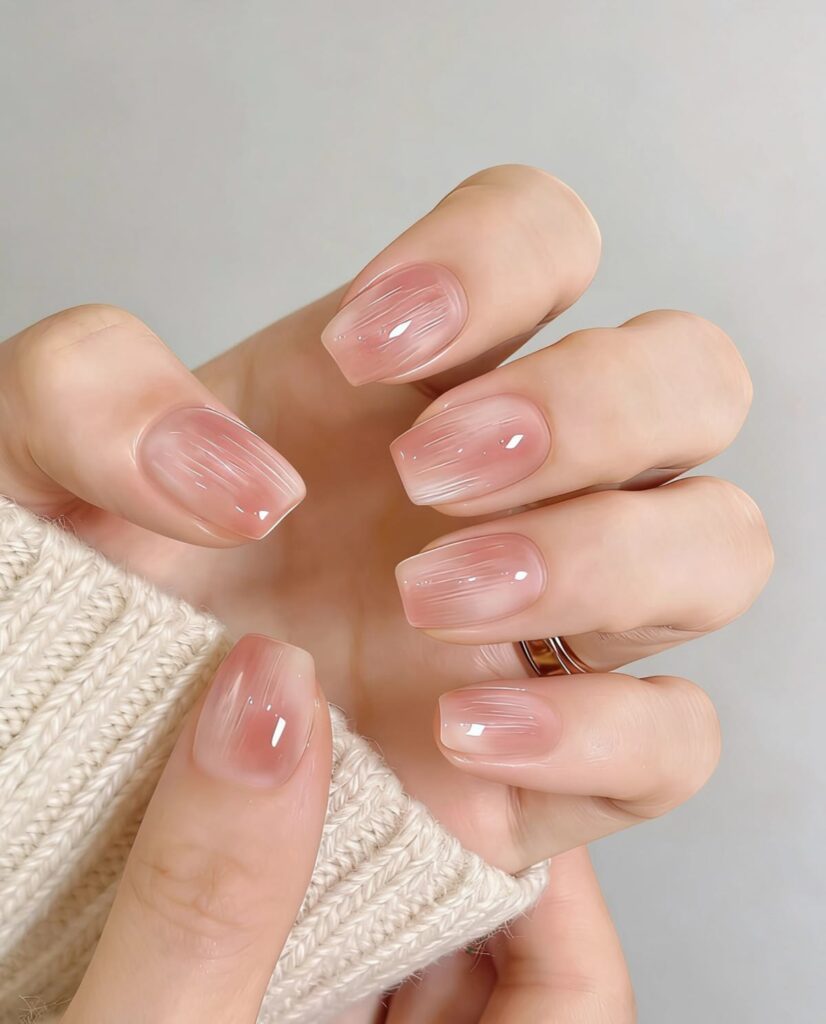 Mẫu nail sơn thạch màu hồng nude trong veo, hiệu ứng như thạch tự nhiên, tôn da tay hồng hào khỏe khoắn.