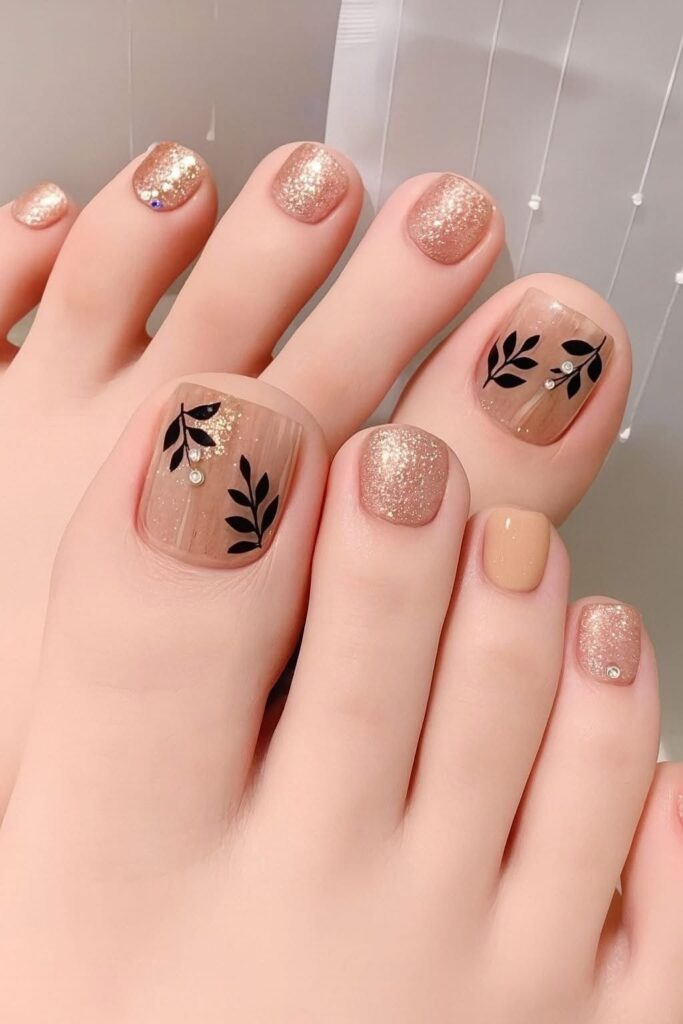 Nail chân đẹp đơn giản với nền nhũ vàng ánh kim phối họa tiết vẽ lá đen nổi bật, sang chảnh.