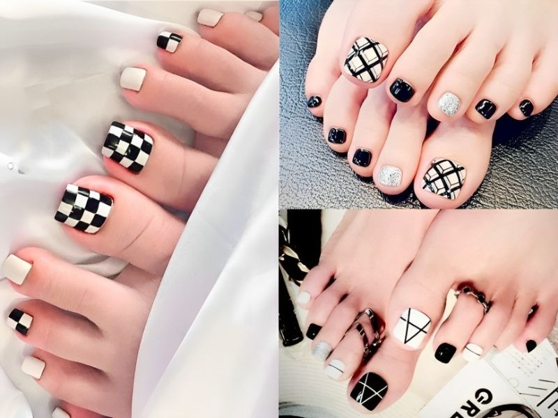 20+ mẫu nail chân màu đen đẹp sang chảnh, cuốn hút nhất hiện nay 25 Nail chân màu đen kết hợp kẻ sọc