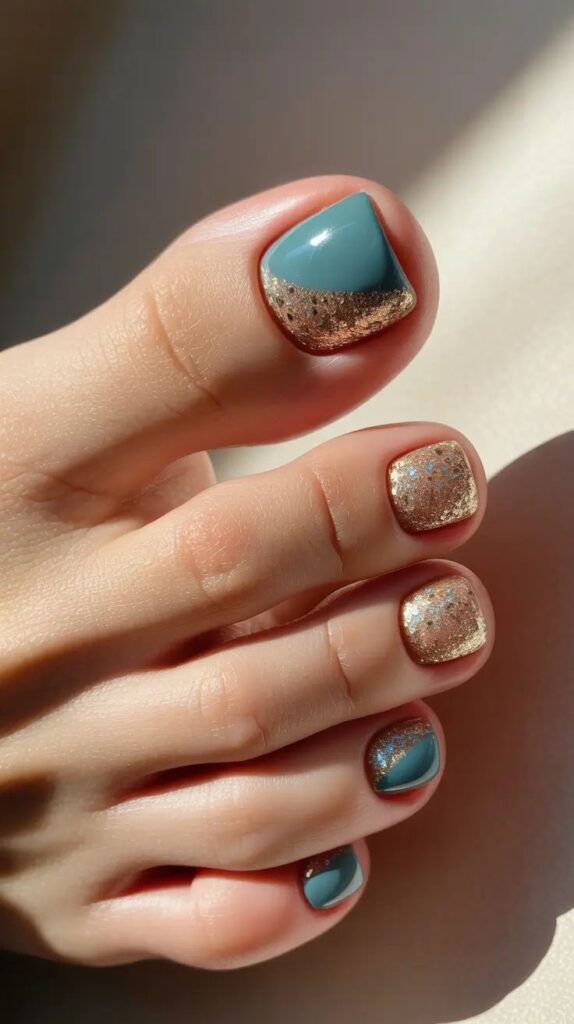 Nail chân màu xanh da trời vẽ mây trắng bay bổng phối họa tiết kim tuyến kiêu sa, lấp lánh.