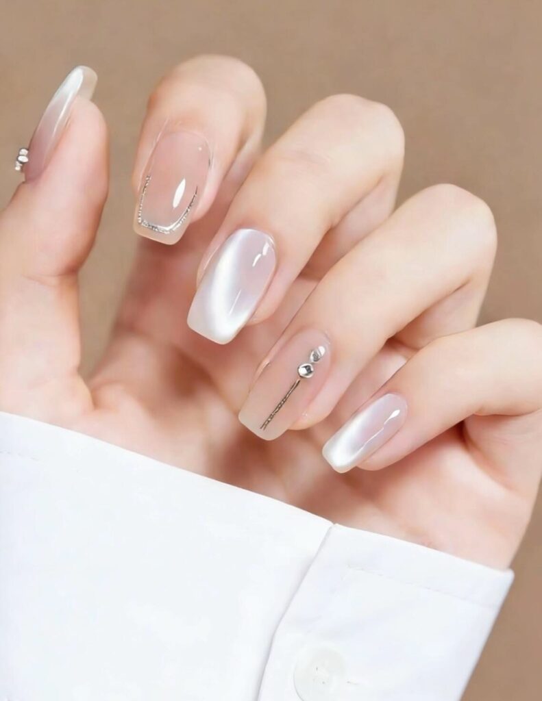 Nail màu trắng đẹp dáng dài nền nude trong phủ hiệu ứng mắt mèo, đính đá và điểm chỉ kẻ bạc mảnh, hiện đại và tối giản.