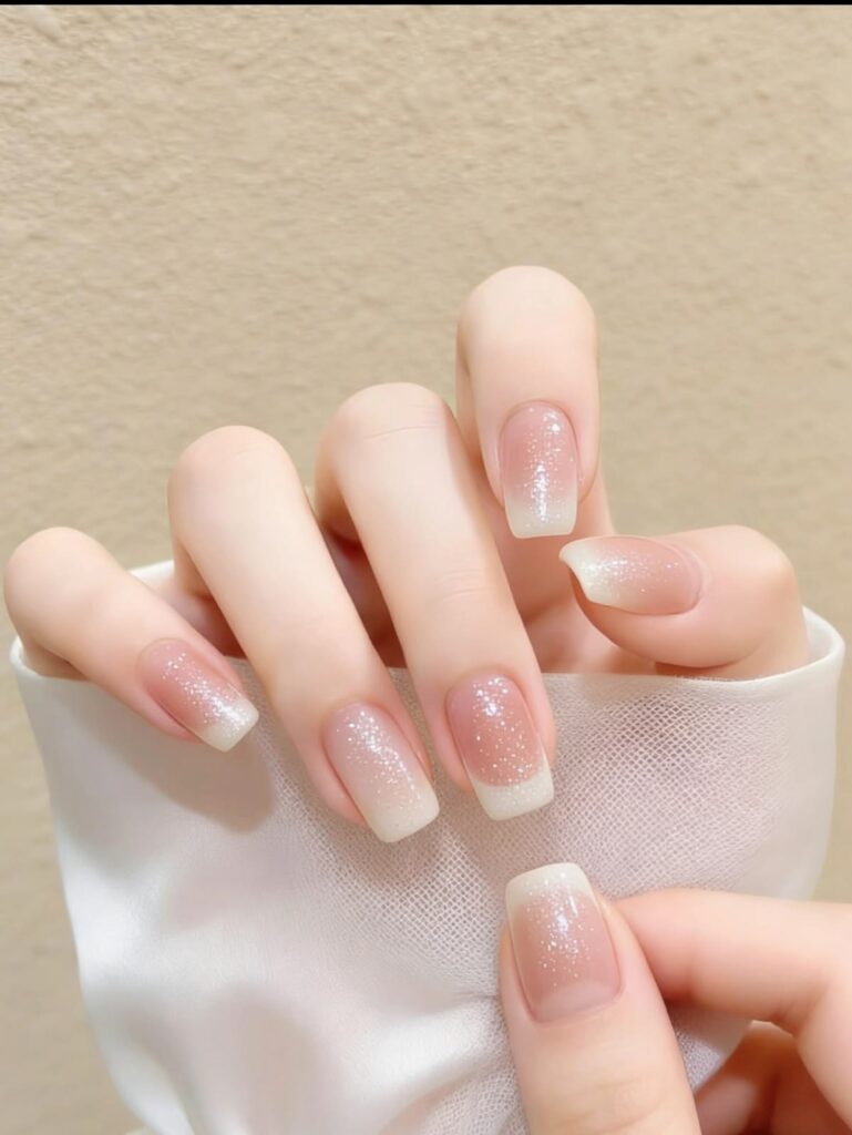 Nail màu trắng đơn giản dáng vuông ombre từ nền nude sang trắng ở đầu móng, phủ nhũ lấp lánh mờ, tự nhiên và nhẹ nhàng.