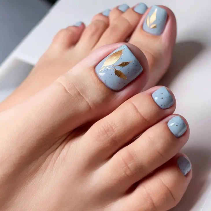 Nail màu xanh cho chân tông navy đậm, họa tiết lá ánh nhũ quý phái.