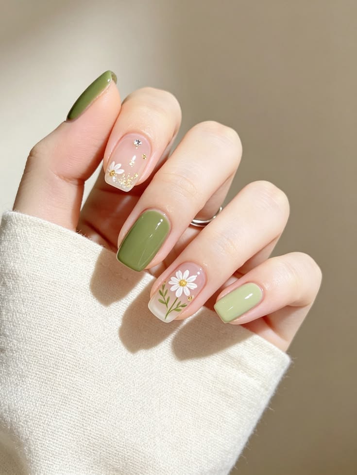 Mẫu nail tay đẹp đơn giản tông xanh olive tươi mát, điểm xuyết họa tiết hoa cúc trắng vẽ tay tinh xảo, mang hơi thở mùa xuân nhẹ nhàng.