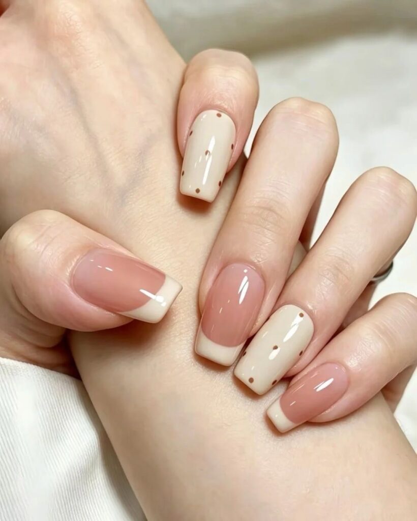 Mẫu nail đẹp mới nhất kiểu French tip nude phối kem, điểm xuyết họa tiết chấm bi nâu nhỏ xinh, thanh lịch và tự nhiên cho 2026.