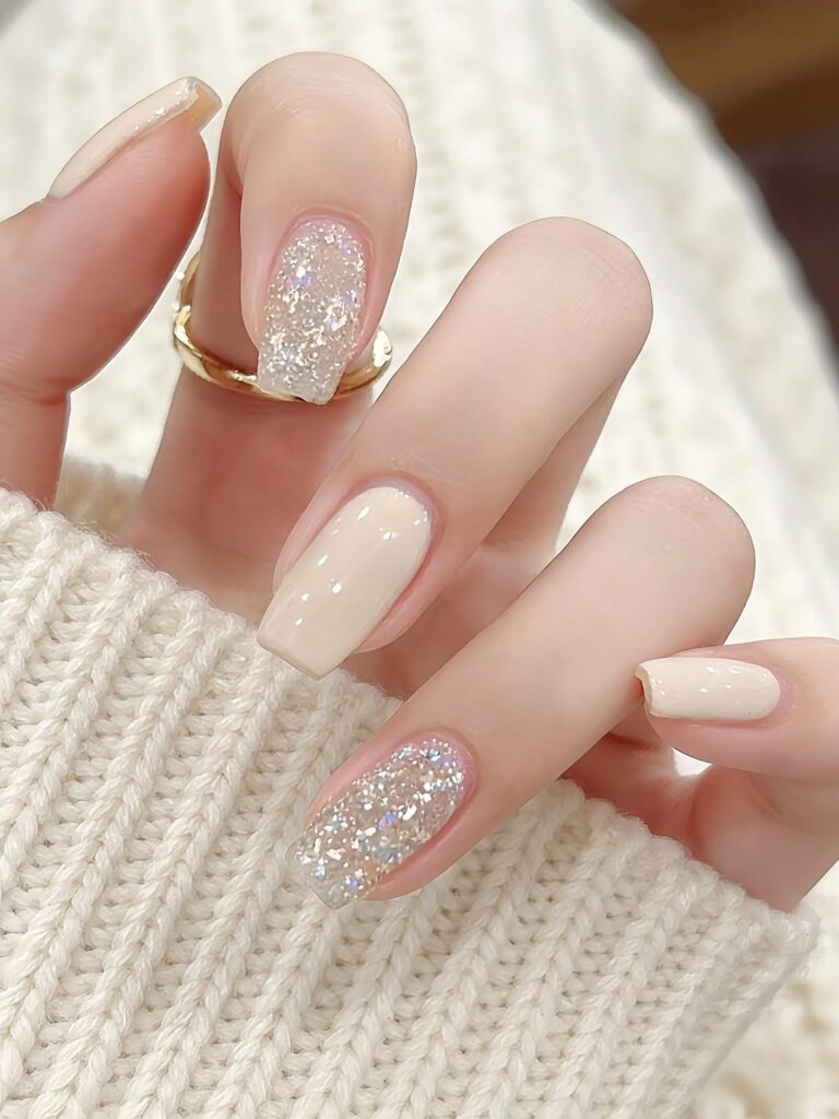 Những mẫu nail màu trắng đẹp nền nude - be sơn trơn bóng, điểm móng phủ kim tuyến bạc lấp lánh dày, sang chảnh, hợp dự tiệc và cô dâu.